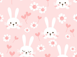 Seamless pattern with rabbit bunny cartoons in the hole, daisy flower and heart plant on pink background vector illustration. Cute childish print.