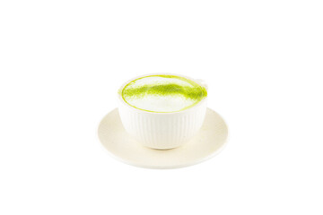 Warm green tea latte with a white background. 흰색배경의 따듯한 녹차라떼