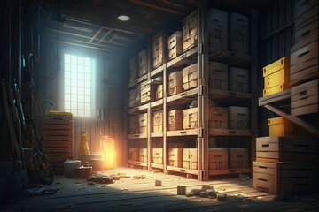 Generative AI. Storage room with boxes and pallets