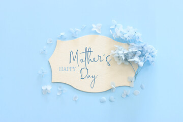 mother's day concept with blue flowers over pastel background
