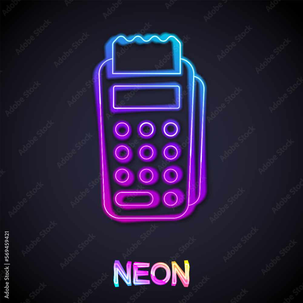 Poster glowing neon line pos terminal with inserted credit card and printed reciept icon isolated on black 