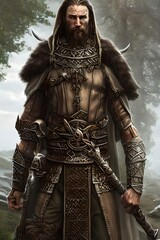 Portrait of viking man from the north. Scandinavian towns. God, king, necromancer, druid. Generative AI technology