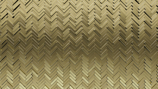 Polished Tiles arranged to create a Gold wall. Herringbone, Luxurious Background formed from 3D blocks. 3D Render
