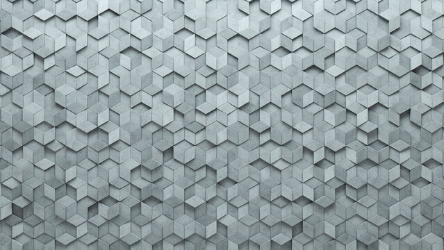 Diamond Shaped, Concrete Mosaic Tiles arranged in the shape of a wall. 3D, Semigloss, Blocks stacked to create a Futuristic block background. 3D Render