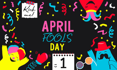 April fools day. Border with funny figures, clown hat, confetti and calendar 1 April. Ideal for card, banner, poster, social media, postcard, web. Vector
