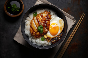 White Rice With Chicken Teriyaki And Fried Egg In A Black Bowl on The Table Created With Generative AI Technology