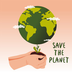 Happy Earth Day. Save the Planet. Hands holding a handful of earth with a sprout from which the our planet  grows. Concept of ecology and environmental protection. Vector illustration