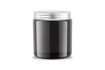 Black Candle glass jar mockup template isolated on white background. Aromatic wax round spa candle. Realistic candlelight element design. 3d rendering.	