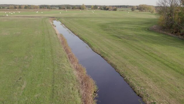 Drone footage of place called Uetz in Brandenburg, Germany. Autumn colors and atmosphere, view of water channel running through fields, bird is flying across water channel.