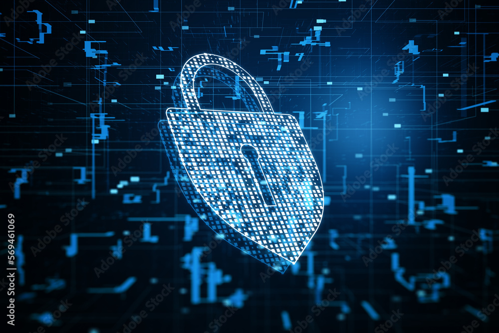 Poster Security management and data protection concept with perspective view on digital glowing pad lock with keyhole on abstract dark technological background. 3D rendering