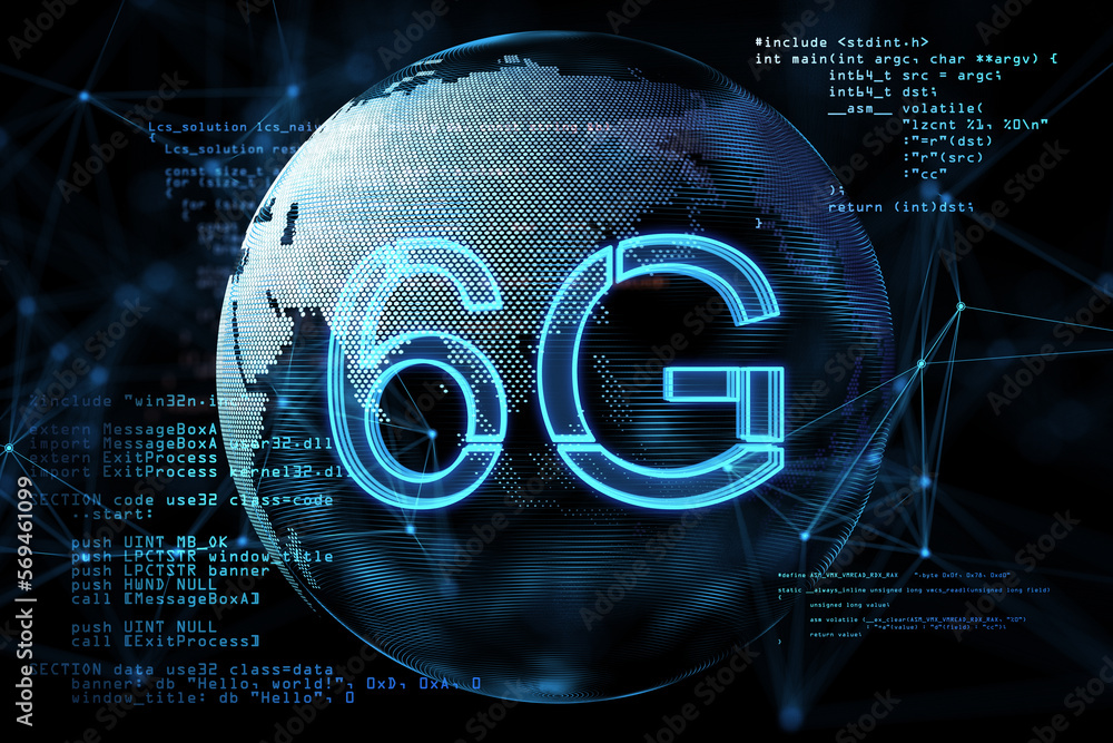 Poster Global internet connection and new generation network concept with 6g symbol on digital world map globe background with computer software programming. 3D rendering