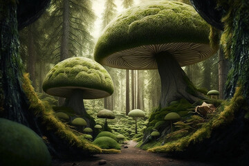 Giant mushrooms in the ancient forest. AI generation
