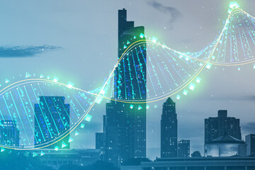 Double exposure of abstract DNA hologram on city skyscrapers backdrop. Bio Engineering and DNA Research concept.