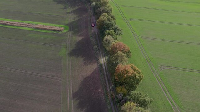 Areal view drone footage of country road as long at landscape with autumn colors taken at place called Uetz in Brandenburg, Germany. Beautiful nature.