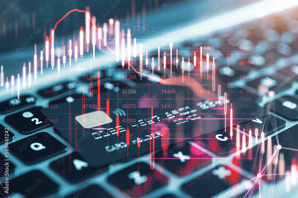 Poster close up of laptop keyboard and bank card with glowing falling red forex chart on blurry backdrop. s