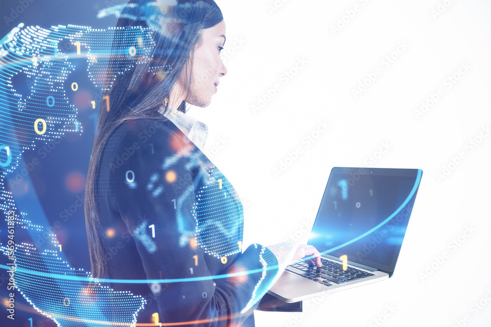 Leinwandbilder side view of young businesswoman using laptop with abstract globe sphere with coding and polygonal n