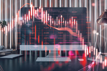 Close up of computer monitor on desktop with glowing falling red forex chart on blurry background. Stock exchange and crisis concept. Double exposure.