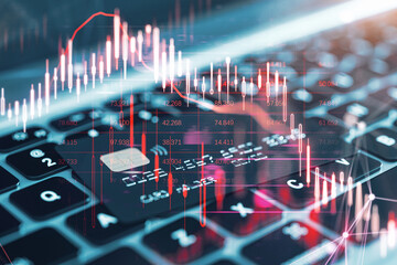 Close up of laptop keyboard and bank card with glowing falling red forex chart on blurry backdrop. Stock exchange and crisis concept. Double exposure.
