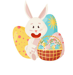 Bunny Character. Sitting and Laughing Funny, Happy Easter Cartoon Rabbit with Eggs, Basket. PNG