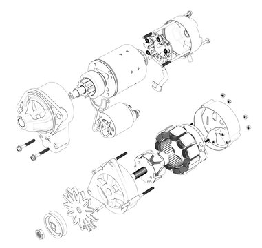 Automotive starter and alternator in exploded view black and white 3D illustration