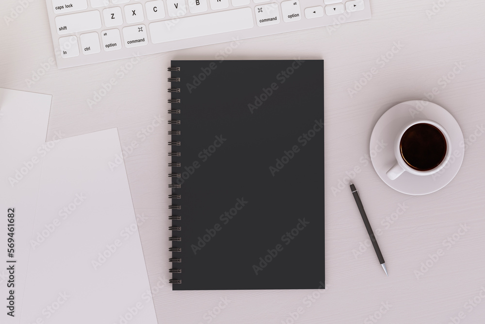 Poster Top view of light workplace with empty black notepad, pen and coffee cup. Workspace concept. 3D Rendering.