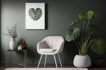 modern interior design with armchair and monstera plant created with generative ai