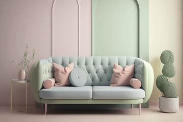 Green Pastel Room with Comfortable Sofa And Plant Created With Generative AI