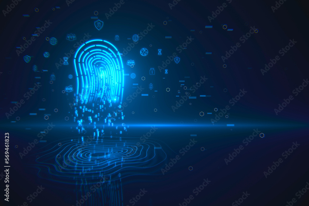 Aufkleber Biometric data security and scan user concept with digital glowing blue fingerprint on abstract dark background with social network icons. 3D rendering