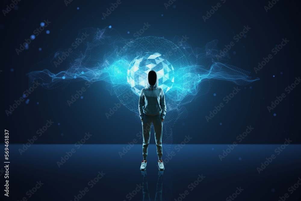 Poster hacker with creative glowing metaverse hologram on blue background. digital world, hacking, data the