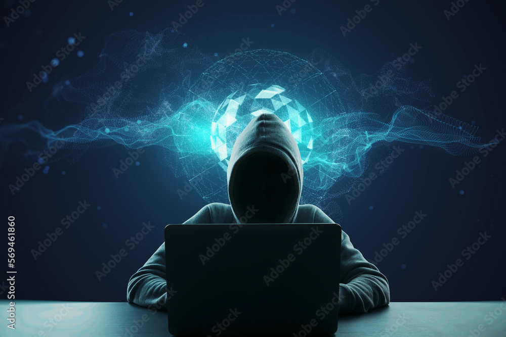 Poster hacker using laptop at desktop with creative glowing metaverse hologram on blue background. digital 