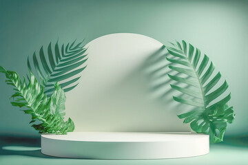 Contemporary White Podium Stage Shelf with Rock White and Tropical Leaf Backgrounds. Generative AI