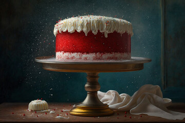 Red Velvet Strawberry Cake On Display Table Created With Generative AI