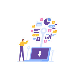 data collection. Data analyst and scientist. an employee or staff collecting the information and data to be analyzed. download and collect many kinds of data to the laptop. illustration concept design
