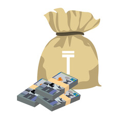 Kazakh Tenge Vector Illustration. Kazakhstan money set bundle banknotes. Money bag 20000 KZT. Flat style. Isolated on white background. Simple minimal design.