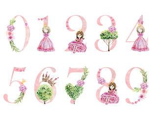 Watercolor numbers with princesses for invitation card, nursery poster and other. © Tapilipa