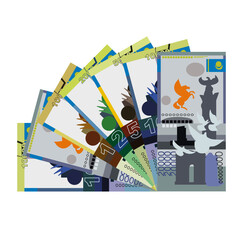 Kazakh Tenge Vector Illustration. Kazakhstan money set bundle banknotes. Paper money KZT. Flat style. Isolated on white background. Simple minimal design.