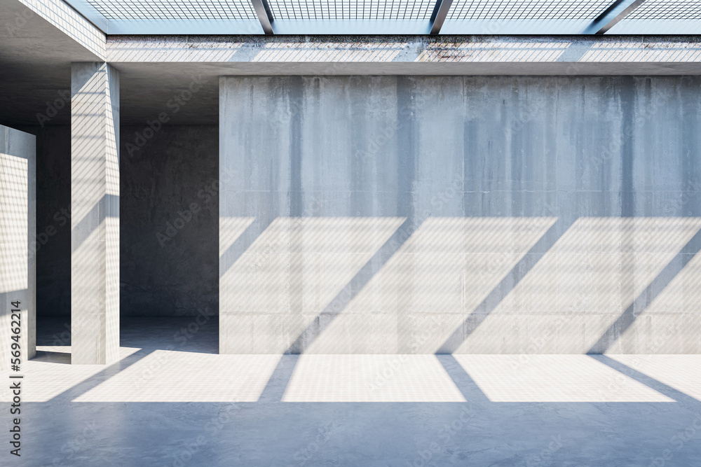 Aufkleber front view on blank sunlit concrete wall background with place for your advertising poster or produc