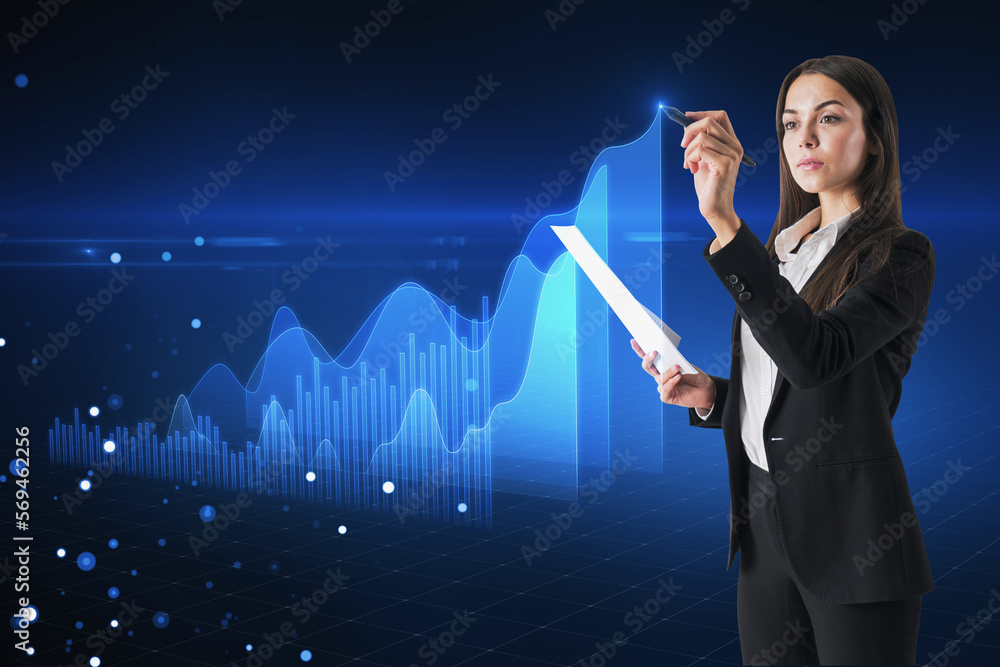 Aufkleber Market analyzing and economy growth concept with woman trader using stylus on virtual screen with digital blue rising up financial chart diagram and graphs on abstract dark background with light dots