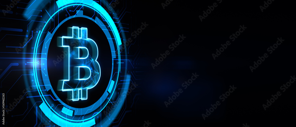 Poster Cryptocurrency, online and digital money concept with digital blue bitcoin symbol in microcircuit circle on abstract dark background with space for advertising poster. 3D rendering, mock up