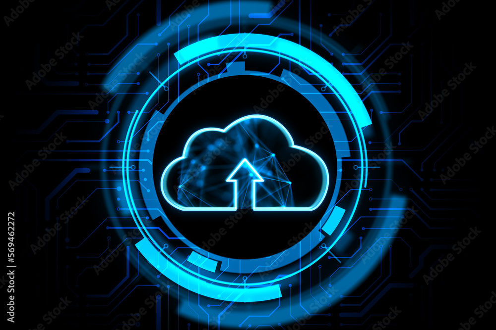 Poster Cloud computing and modern business technology concept with digital blue cloud with arrow symbol in microcircuit circle on abstract dark background. 3D rendering