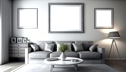 Modern Livingroom Poster Print Art Mockup, with Transparent Picture Space, Illustration, AI Generated, Shop Product Template