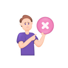 rejected, not accepted, false, disagree, no, forbidden. illustration of a man holding the crossmark. 3D character concept design and realistic. graphic element