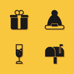Set Gift box, Mail, Glass of champagne and Christmas Santa Claus hat icon with long shadow. Vector