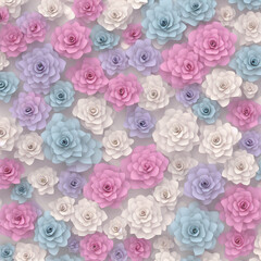 Paper elegant pastel colored flowers. Valentine's day, Easter, Mother's day, wedding card, blooming wall background. 3d render digital spring or summer flowers illustration in paper art style