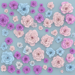 Paper elegant pastel colored flowers. Valentine's day, Easter, Mother's day, wedding card, blooming wall background. 3d render digital spring or summer flowers illustration in paper art style