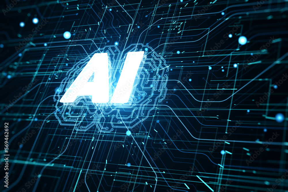 Poster Futuristic design of artificial Intelligence ai brain with circuit board. Learning process and problem solving concept. Abstract digital technology grid backdrop. 3D Rendering.