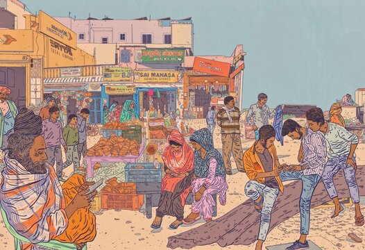Street Scene in India with Young and Old People Walking Shopping and Using Mobile Phones Outside Colourful Hand Drawn Illustration 