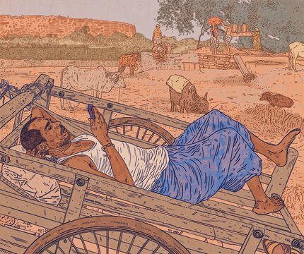 Indian Man Reclining on Wooden Farming Cart Looking at Mobile Phone in Landscape with Cattle 