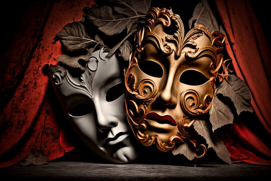Dramatic masks. Drama mask. Carnival. Theater. AI generation