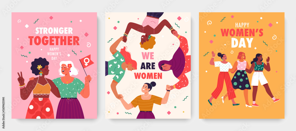 Wall mural international women's day greeting cards collection. vector illustration in trendy cartoon flat styl